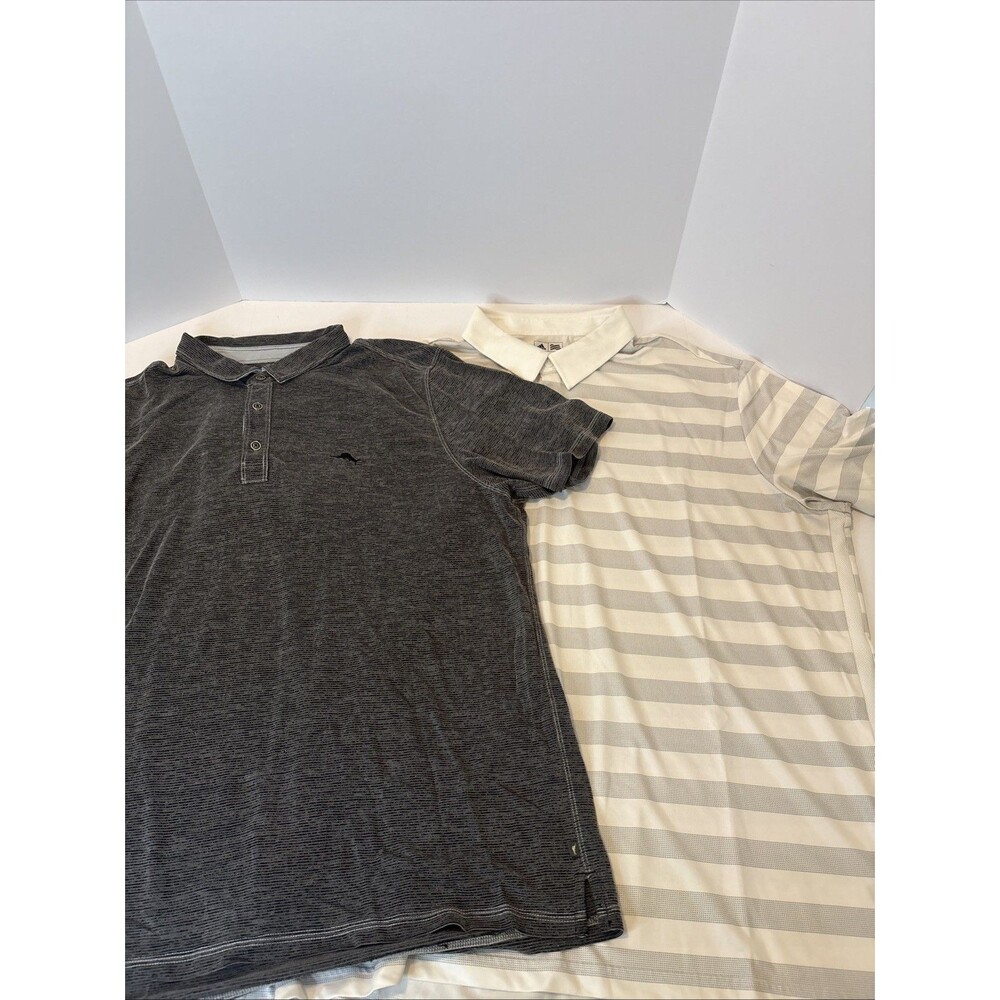 Lot Of 2 Tommy Bahama Gray Polo  & Adidas Climacool White/Grey Striped Polo XXL